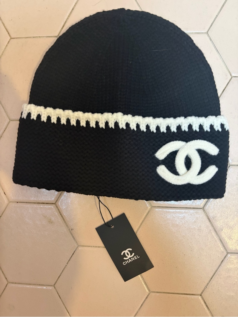 CHANEL Black and White Wool CC Logo Beanie